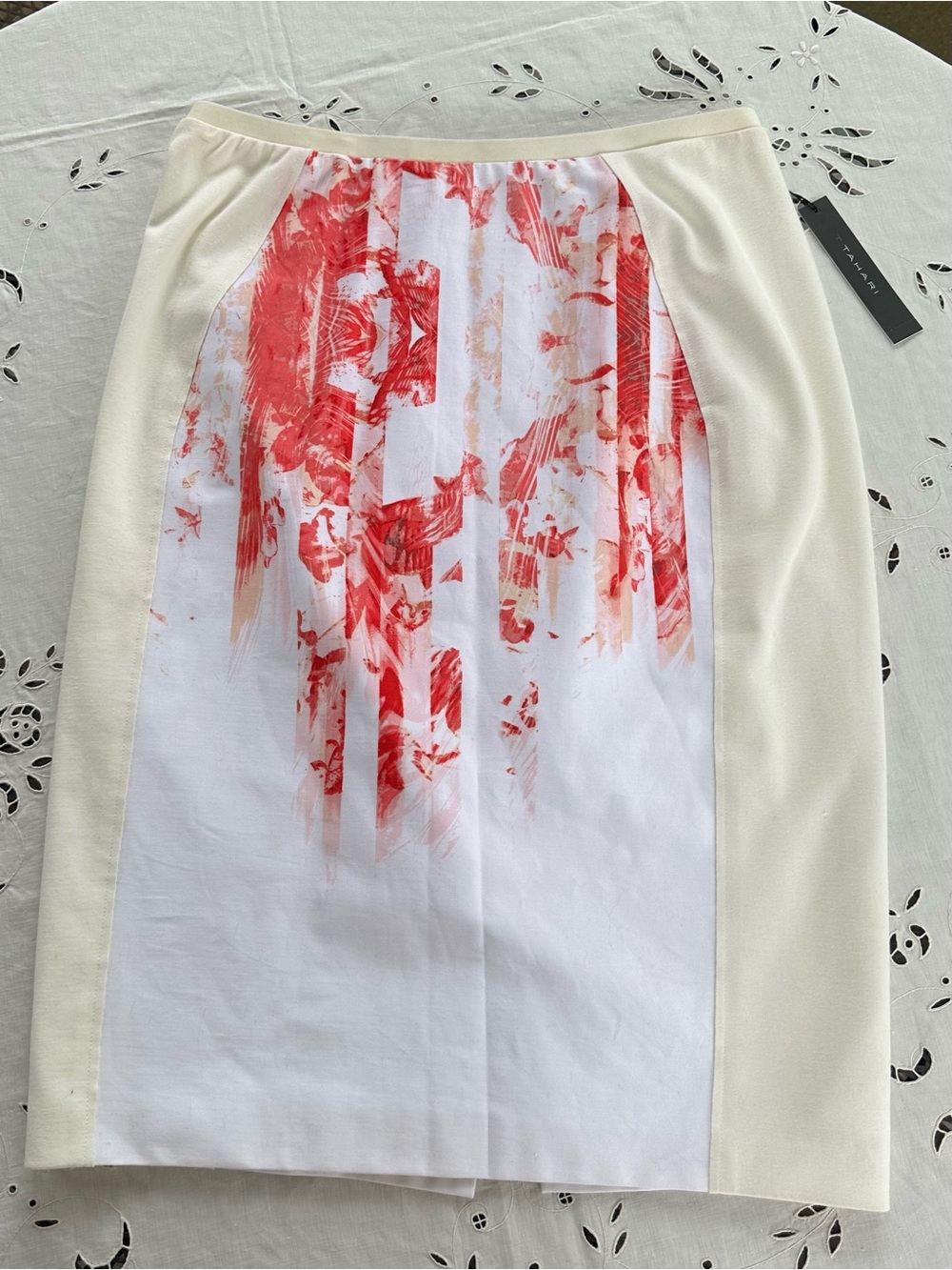 Tahari White Pencil Midi Skirt with Coral-Red Floral Panel